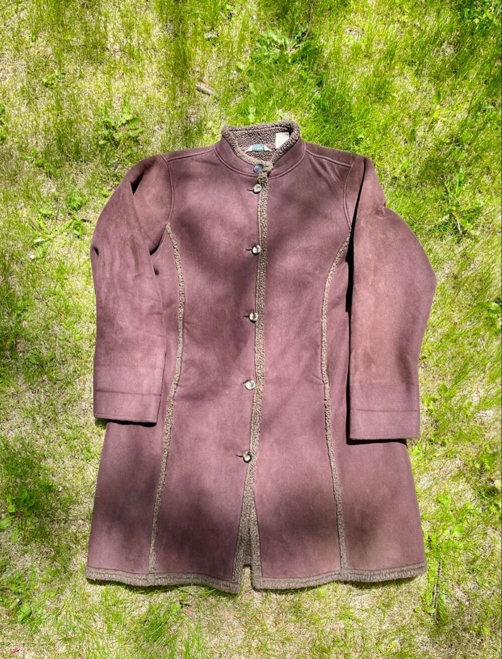 L.L. Bean Dark Brown Penny Lane Faux Suede Over Coat Sz XL Shearling Outdoors